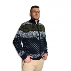 Svetr na zip z ovčí vlny s norským vzorem soby / Příjemně hřeje